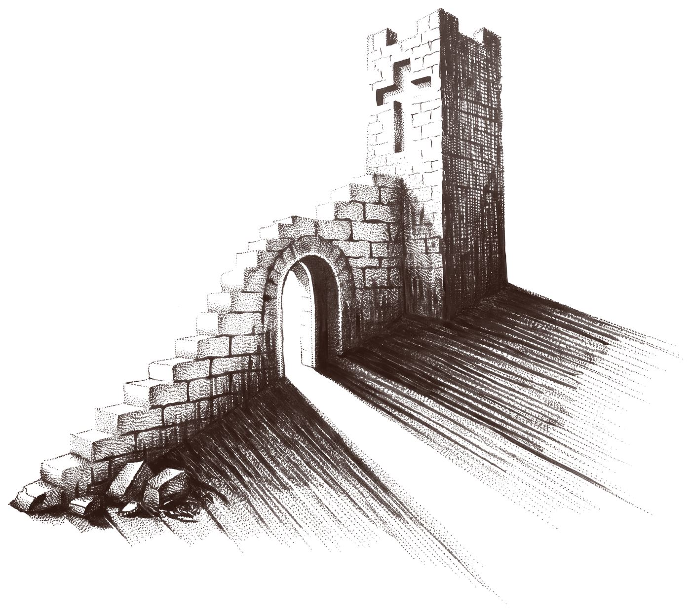 The mark of Praesidio Pastoris: a ruined garrison tower and arch on its slope, drawn in pen and ink
